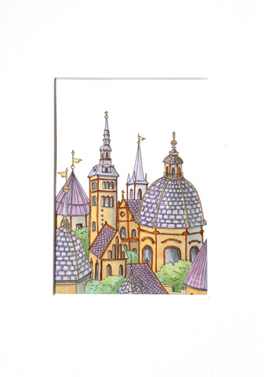 Рисунок под названием "Fairy town, Medieva…" - Ekaterina Andreeva, Подлинное произведение искусства, Маркер
