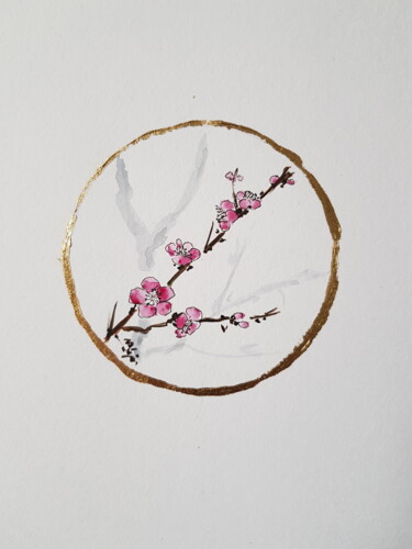 Painting titled "Japanese style pink…" by Ekaterina Andreeva, Original Artwork, Watercolor