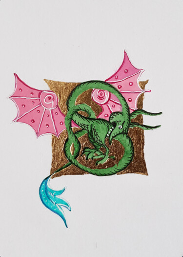 Desenho intitulada "Medieval dragon wit…" por Ekaterina Andreeva, Obras de arte originais, Aquarela