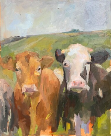 Painting titled "Les vaches" by Ekaterina Belukhina, Original Artwork, Oil Mounted on Wood Stretcher frame