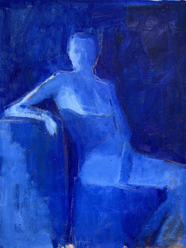 Painting titled "Sitting blue II" by Ekaterina Belukhina, Original Artwork, Oil Mounted on Wood Stretcher frame