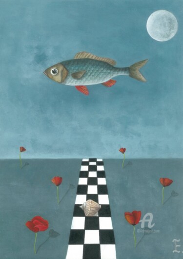 Картина под названием "Маковая рыбка" - Екатерина Бесполова, Подлинное произведение искусства, Акрил Установлен на Деревянна…