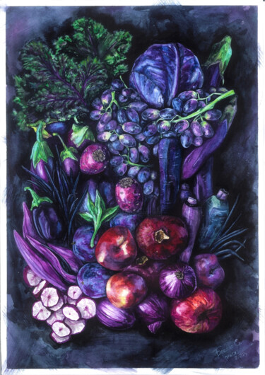 Картина под названием "Фиолетовый натюрморт" - Екатерина Бокало, Подлинное произведение искусства, Акварель