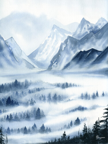 Painting titled "Blue landscape" by Ekaterina Gamzaeva, Original Artwork, Watercolor