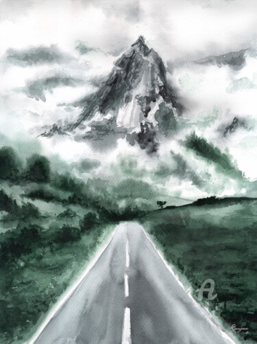Картина под названием "A mountain in the f…" - Екатерина Гамзаева, Подлинное произведение искусства, Акварель