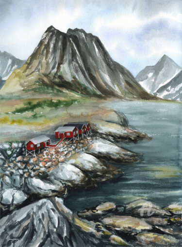Painting titled "Norwegian fjord" by Ekaterina Gamzaeva, Original Artwork, Watercolor