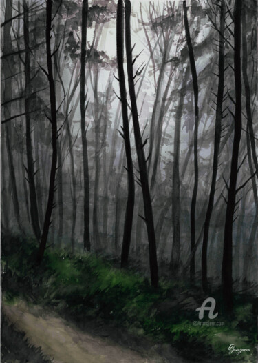Malerei mit dem Titel "Mysterious forest" von Ekaterina Gamzaeva, Original-Kunstwerk, Aquarell