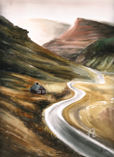 Schilderij getiteld "Faroe Islands lands…" door Ekaterina Gamzaeva, Origineel Kunstwerk, Aquarel