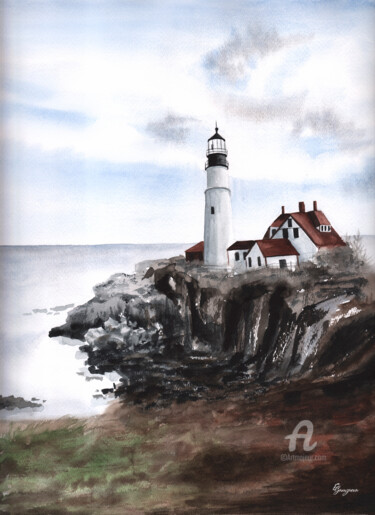 Painting titled "Portland Head Light" by Ekaterina Gamzaeva, Original Artwork, Watercolor