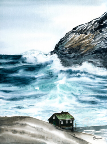 Картина под названием "Ocean. Faroe islands" - Екатерина Гамзаева, Подлинное произведение искусства, Акварель