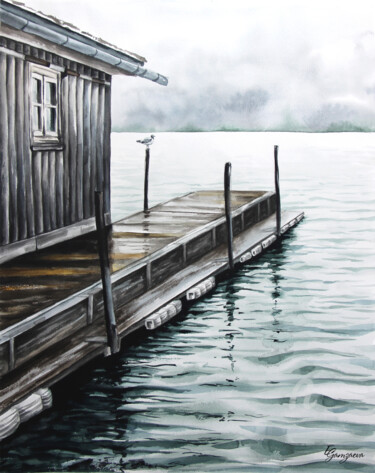 Ζωγραφική με τίτλο ""Quiet pier" Origin…" από Екатерина Гамзаева, Αυθεντικά έργα τέχνης, Ακουαρέλα