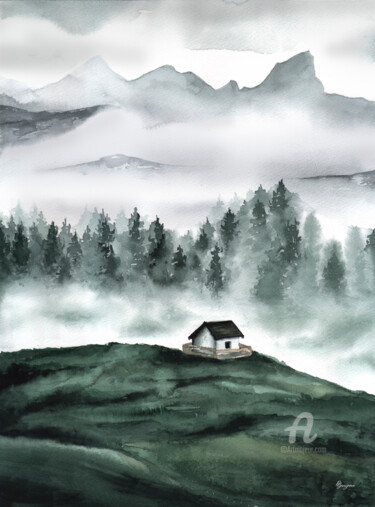 Malerei mit dem Titel "House in a foggy fo…" von Ekaterina Gamzaeva, Original-Kunstwerk, Aquarell