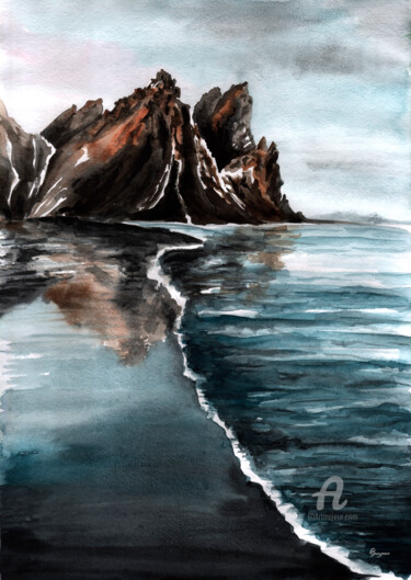 Картина под названием "Blue sea (Iceland)" - Екатерина Гамзаева, Подлинное произведение искусства, Акварель