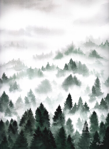 Painting titled "Foggy forest" by Ekaterina Gamzaeva, Original Artwork, Watercolor