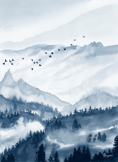Картина под названием "Rising above" - Екатерина Гамзаева, Подлинное произведение искусства, Акварель