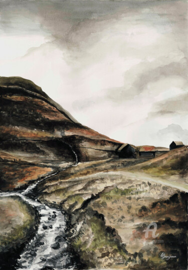 Schilderij getiteld "Mountain river" door Ekaterina Gamzaeva, Origineel Kunstwerk, Aquarel