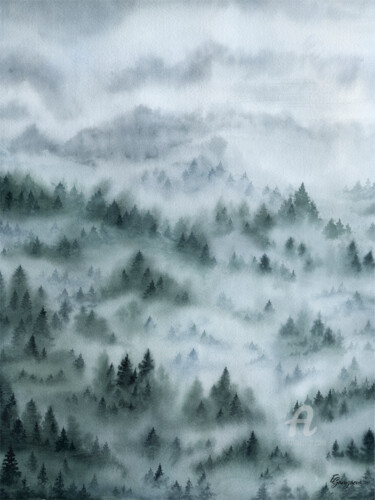 Painting titled "Foggy forest_2" by Ekaterina Gamzaeva, Original Artwork, Watercolor