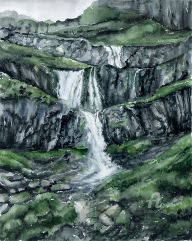 Painting titled "Waterfall in Faroe…" by Ekaterina Gamzaeva, Original Artwork, Watercolor
