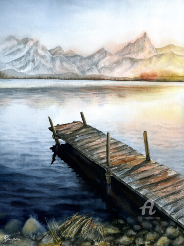 Malerei mit dem Titel "Pier at sunset" von Ekaterina Gamzaeva, Original-Kunstwerk, Aquarell