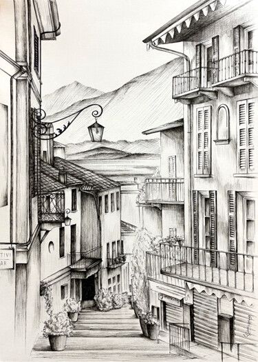 Dibujo titulada "Narrow streets" por Ekaterina Gamzaeva, Obra de arte original, Tinta