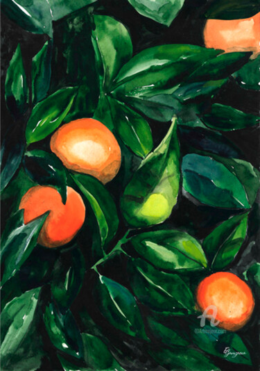 Картина под названием "Tangerines" - Екатерина Гамзаева, Подлинное произведение искусства, Акварель