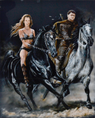 Painting titled "Амазонка и воин" by Ekaterina Gerasimova, Original Artwork, Airbrush