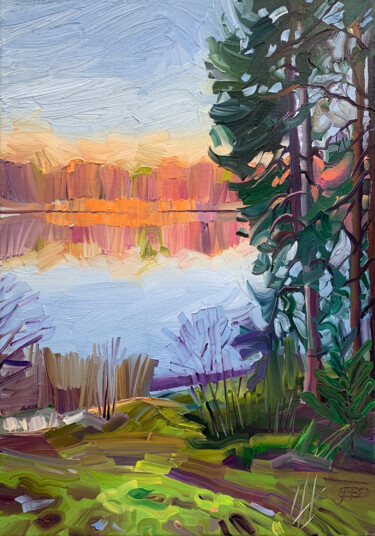 Painting titled "Autumn evening by t…" by Ekaterina Glazkova, Original Artwork, Oil Mounted on Wood Stretcher frame