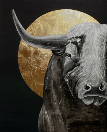 Painting titled "Big love. Bull" by Ekaterina Khovanskaya, Original Artwork, Acrylic Mounted on Wood Stretcher frame