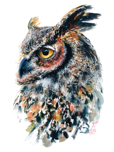 Pintura intitulada "OWL-impressive, hap…" por Ekaterina Kosyak, Obras de arte originais, Aquarela