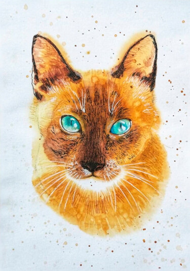 Painting titled "Ginger Cat Drawing" by Ekaterina Kosyak, Original Artwork, Watercolor