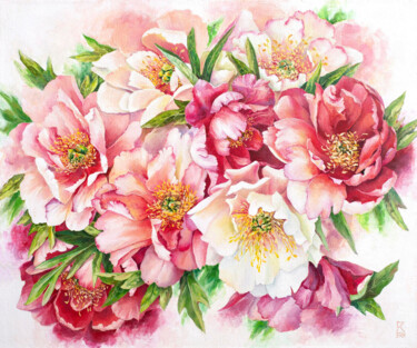 Painting titled "bouquet of peonies" by Ekaterina Kosyak, Original Artwork, Oil