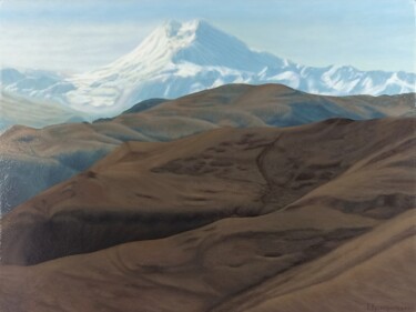 Painting titled "Mountains" by Ekaterina Kusmartseva, Original Artwork, Oil Mounted on Wood Stretcher frame