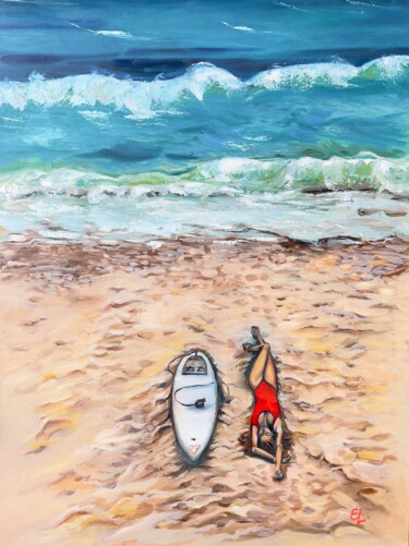 Painting titled "SURFING IS LOVE/Oil…" by Ekaterina Larina, Original Artwork, Oil Mounted on Wood Stretcher frame