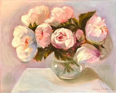Painting titled "PINK PEONIES IN A V…" by Ekaterina Larina, Original Artwork, Oil Mounted on Wood Stretcher frame