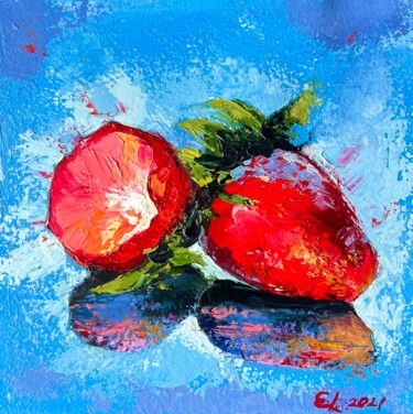Painting titled "Juicy Strawberry-Gi…" by Ekaterina Larina, Original Artwork, Oil Mounted on Cardboard