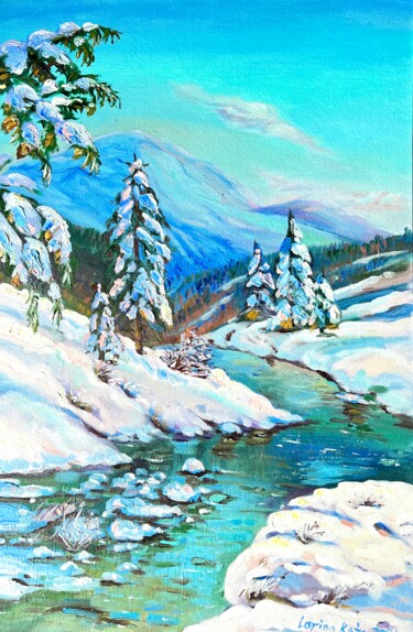 Painting titled "Mountain river - or…" by Ekaterina Larina, Original Artwork, Oil Mounted on Cardboard
