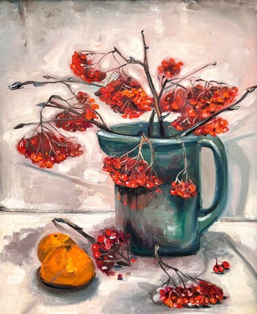 Painting titled "Red mountain ash an…" by Ekaterina Larina, Original Artwork, Oil Mounted on Wood Panel