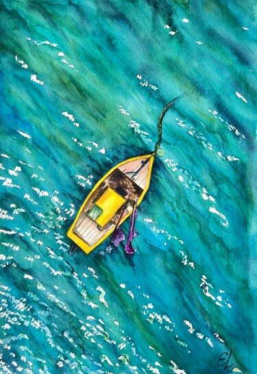 Картина под названием "Yellow boat in the…" - Ekaterina Larina, Подлинное произведение искусства, Акварель