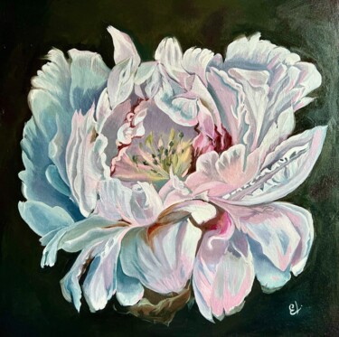 Painting titled "White peony - oil p…" by Ekaterina Larina, Original Artwork, Oil Mounted on Wood Stretcher frame