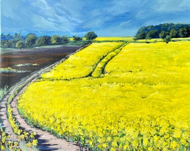 Painting titled "Yellow field - oil…" by Ekaterina Larina, Original Artwork, Oil Mounted on Wood Stretcher frame