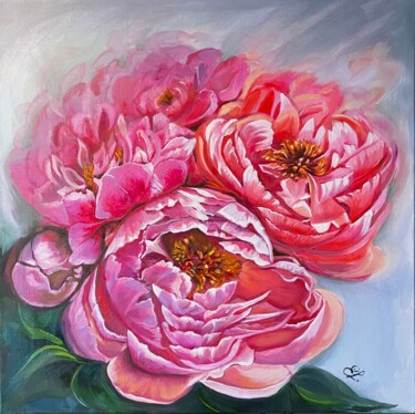 Painting titled "Pink peonies - oil…" by Ekaterina Larina, Original Artwork, Oil Mounted on Wood Stretcher frame
