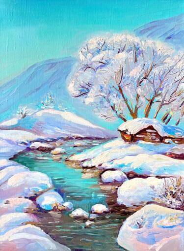 Painting titled "Mountain river - wi…" by Ekaterina Larina, Original Artwork, Oil Mounted on Wood Stretcher frame