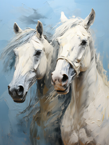 Digitale Kunst getiteld "WHITE HORSES-PRINT…" door Ekaterina Larina, Origineel Kunstwerk, Digitaal Schilderwerk
