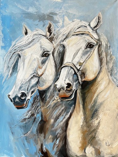 Painting titled "WHITE HORSES - larg…" by Ekaterina Larina, Original Artwork, Oil Mounted on Wood Stretcher frame