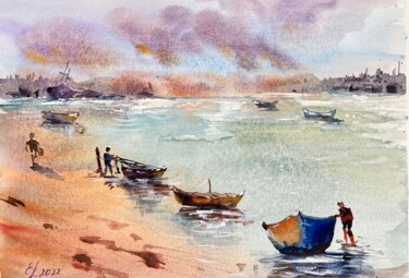 Painting titled "Fishing village" by Ekaterina Larina, Original Artwork, Watercolor