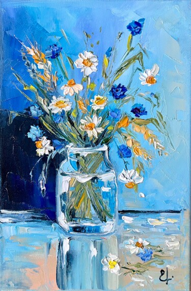 Painting titled "Bouquet of wild flo…" by Ekaterina Larina, Original Artwork, Oil Mounted on Wood Stretcher frame