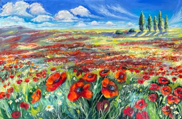 Painting titled "Field of poppies -…" by Ekaterina Larina, Original Artwork, Oil Mounted on Wood Stretcher frame