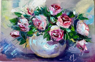 Painting titled "Roses - small oil p…" by Ekaterina Larina, Original Artwork, Oil Mounted on Wood Stretcher frame