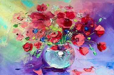 Painting titled "Bouquet of red popp…" by Ekaterina Larina, Original Artwork, Oil Mounted on Wood Stretcher frame