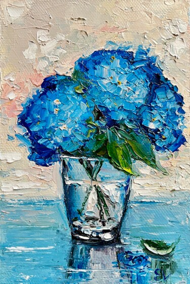 Painting titled "Blue bouquet - smal…" by Ekaterina Larina, Original Artwork, Oil Mounted on Wood Stretcher frame